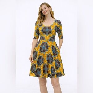 LuLaRoe Amelia Dress | Small | Mustard Yellow Blue Geometric Print